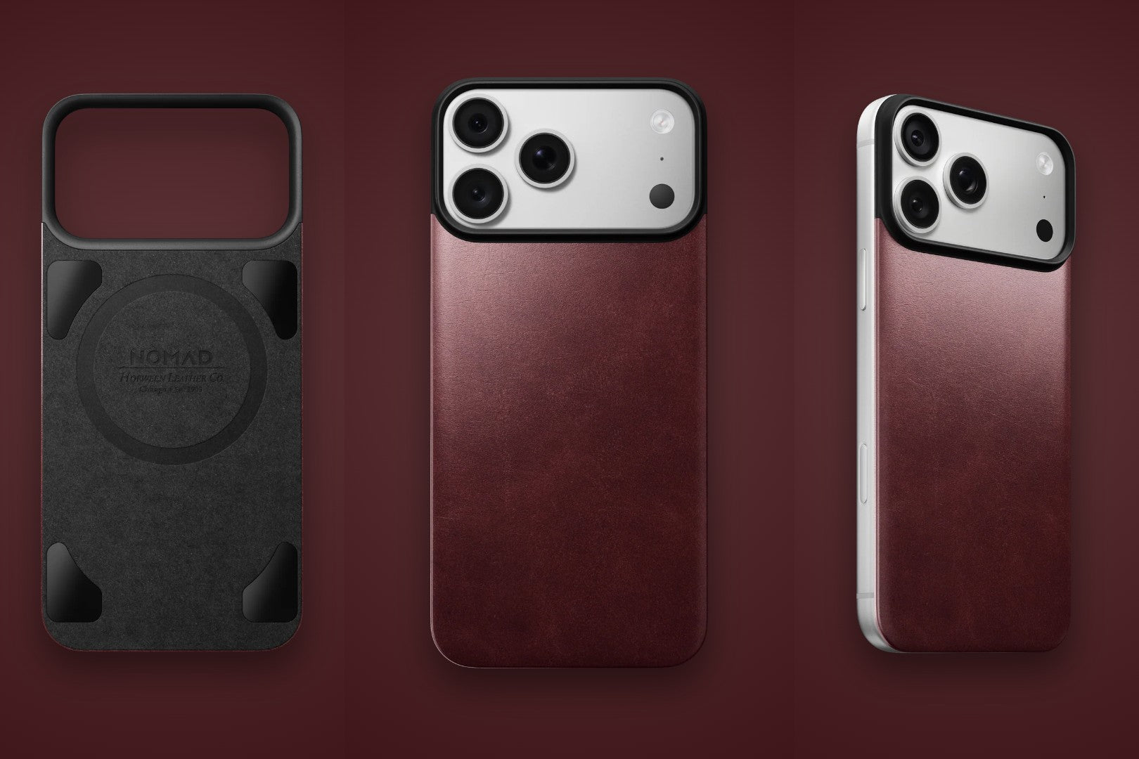 Nomad Magnetic Leather Back explainer – Burgundy